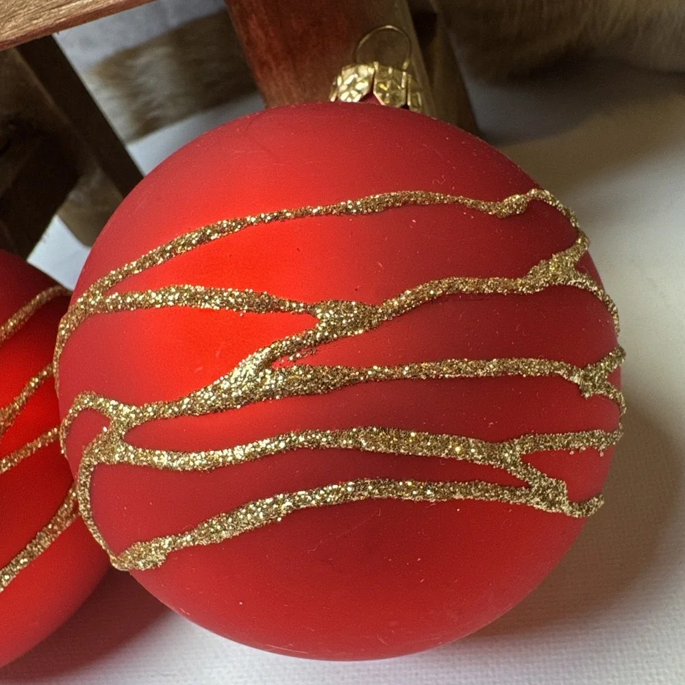 2 VTG Mouth Blown Hand Painted Matte Red Glass w Gold Glitter 3.5